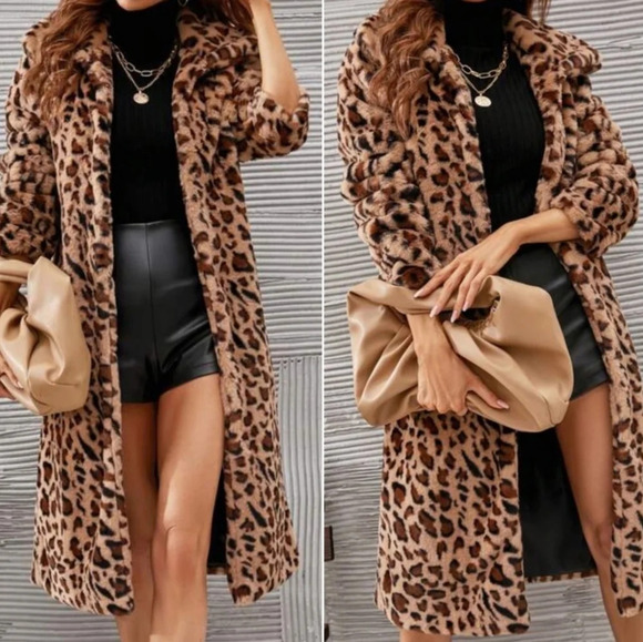 Luxe leopard Print Vegan Fur Long Jacket Coat - Picture 1 of 3